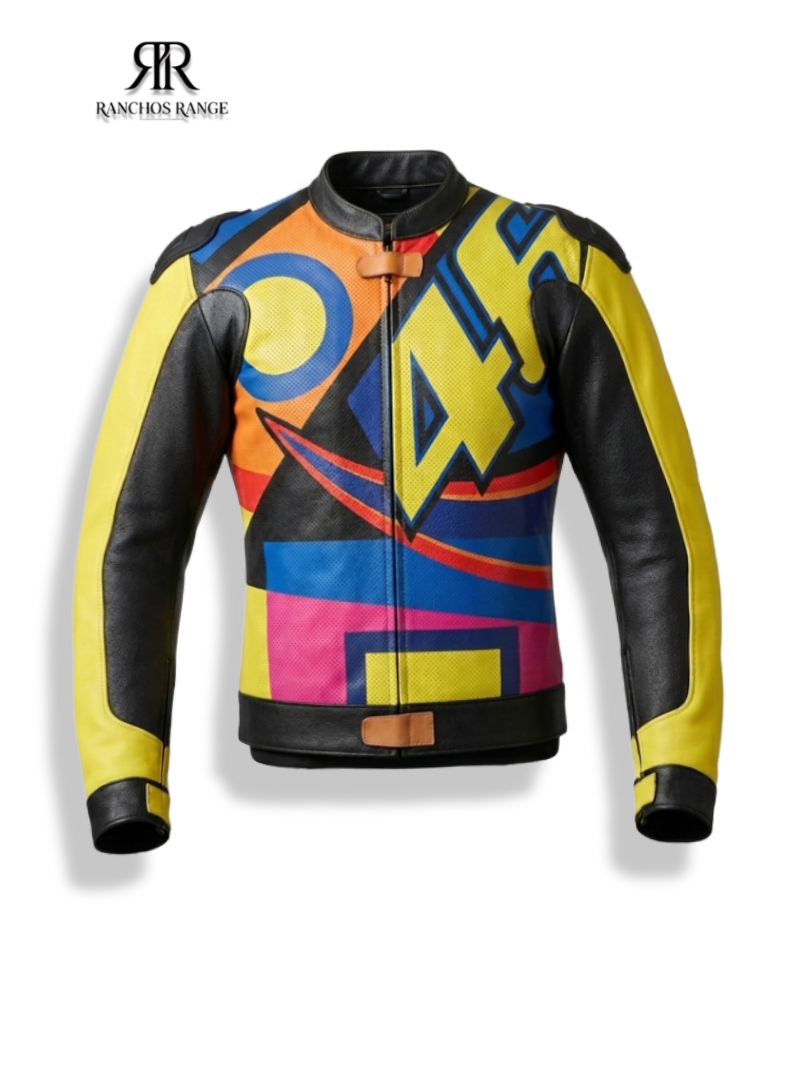 Valentino Rossi VR46 "The Doctor" Leather Motorcycle Jacket - Neon Yellow & Blue MotoGP Racing Biker Gear - CE Armored Cowhide Leather Jacket for Men