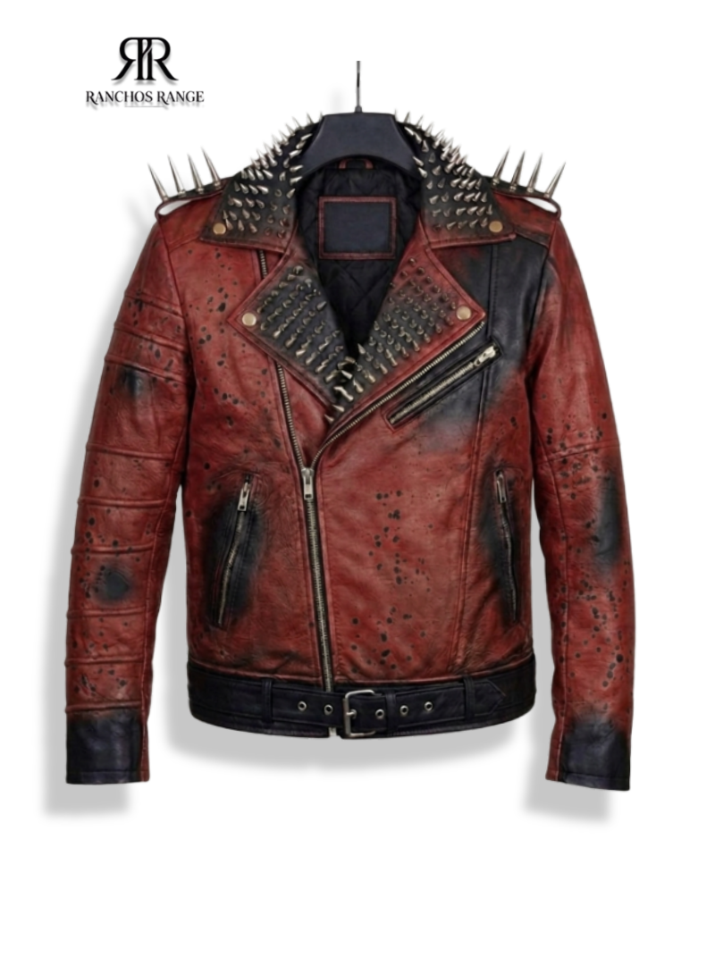 Red Leather Jacket for mens studded leather and painted spatter .