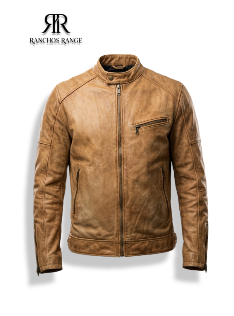 Handmade Men’s Distressed Tan Leather Motorcycle Jacket - Vintage Cafe Racer Style Real Sheepskin Biker Jacket - Slim Fit Retro Leather Coat