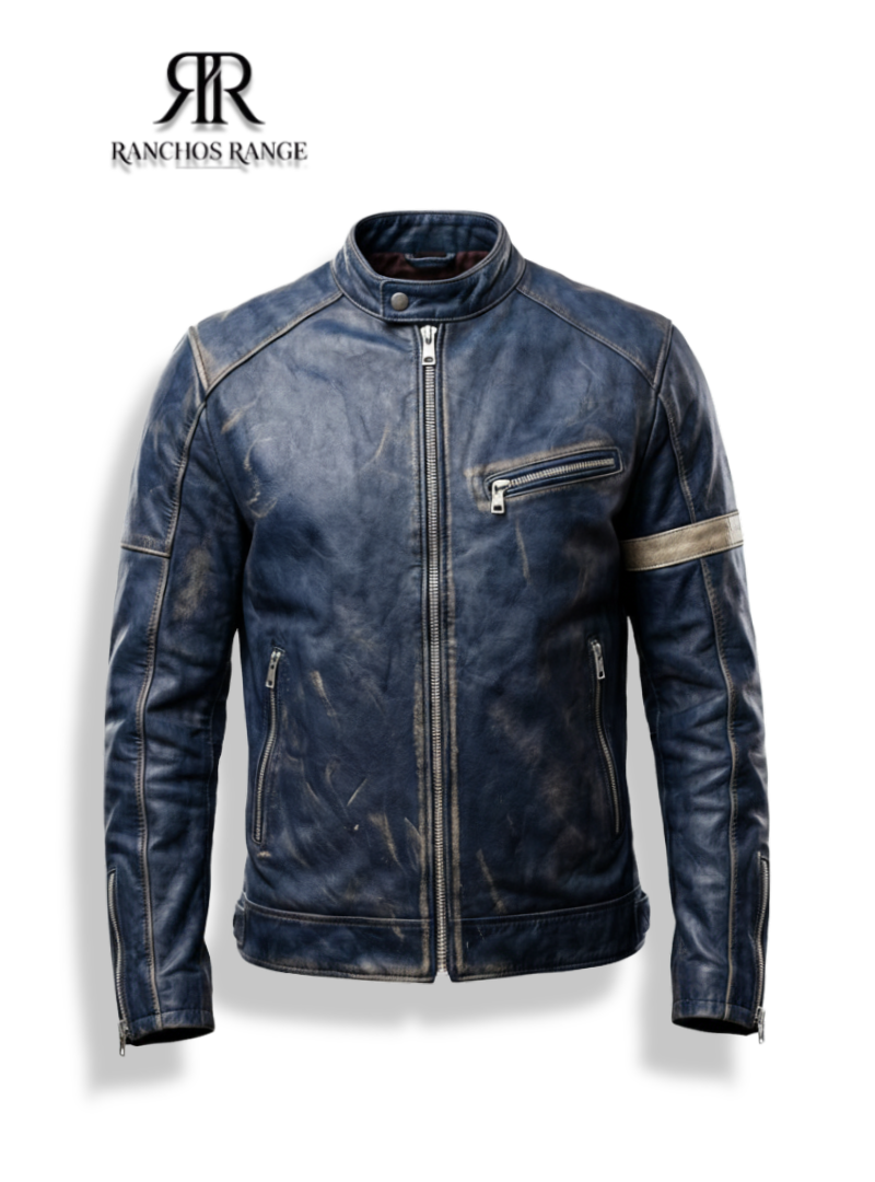 Mens Vintage Blue Leather Motorcycle Jacket - Distressed Retro Biker Cafe Racer Coat - Premium Real Leather Riding Gear