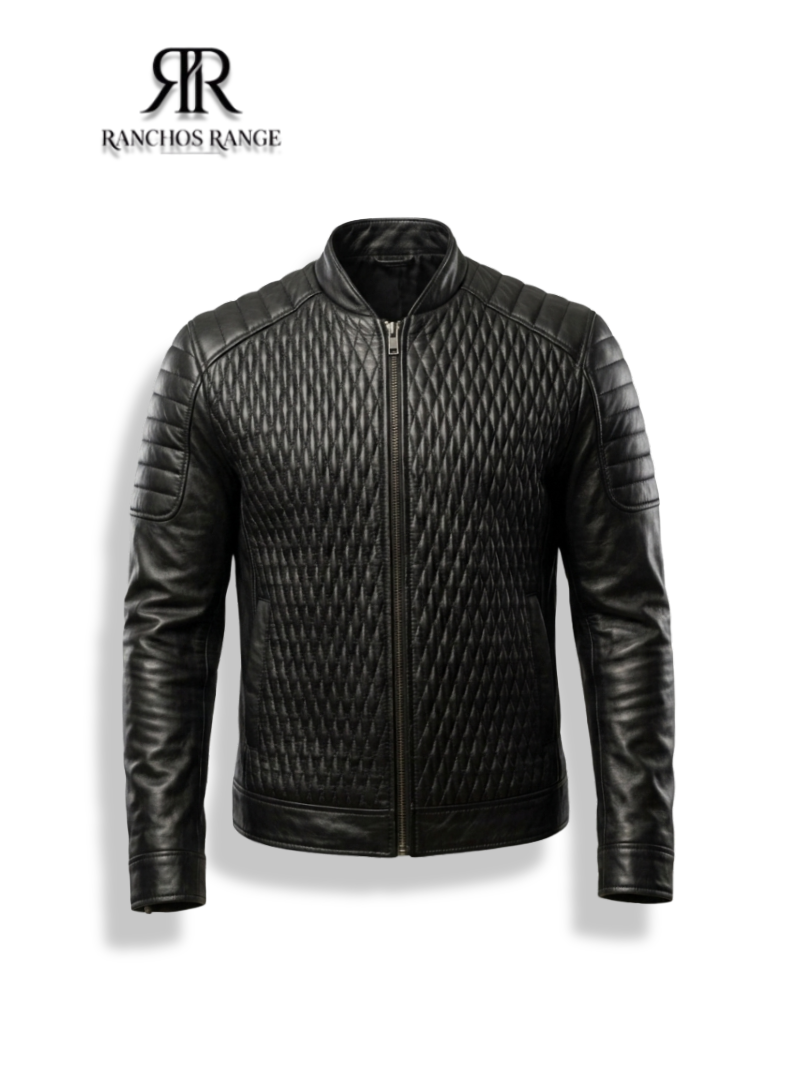 Men's Quilted Black Leather Biker Jacket - Diamond Stitched Slim Fit Café Racer Motorcycle Jacket