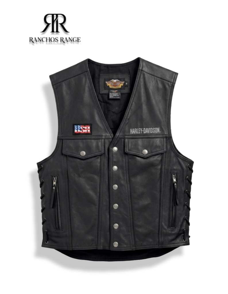 Men's Genuine Black Leather Biker Vest - Motorcycle Riding Waistcoat with Side Laces, Gun Pockets, and American Flag Patch - Classic Chopper Style Leather Gear