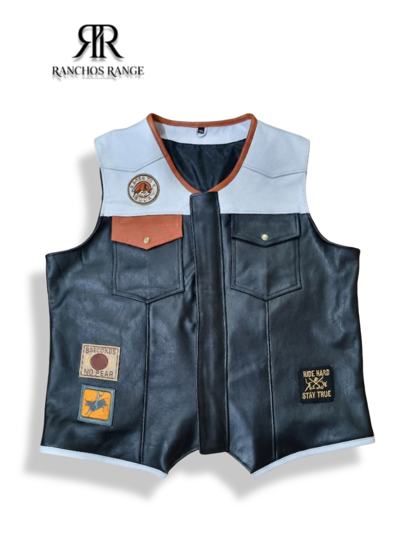 Custom Handmade Leather Vest - Western Cowboy Style Two-Tone Biker Waistcoat - Black and White Genuine Leather Motorbike Vest - Ranchos Range