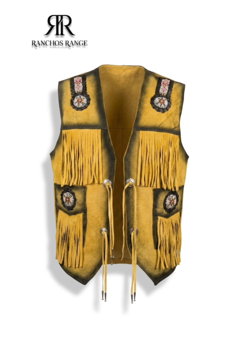 Handmade Men's Western Suede Fringe Vest - Distressed Yellow Leather Cowboy Waistcoat - Native American Style Beaded Medallion - Ranchos Range