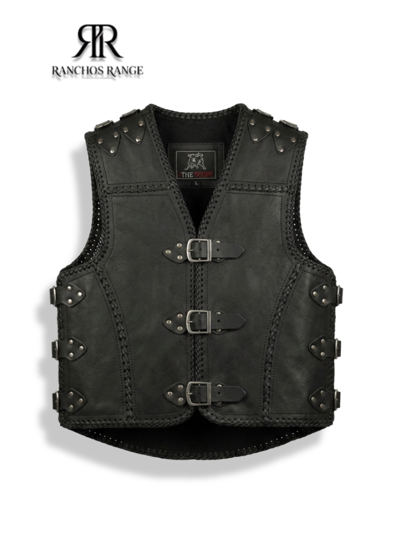 Handmade Men's Black Leather Tactical Vest with Buckle Straps and Braided Detailing - Custom Genuine Leather Biker Vest - Western Cowboy Waistcoat