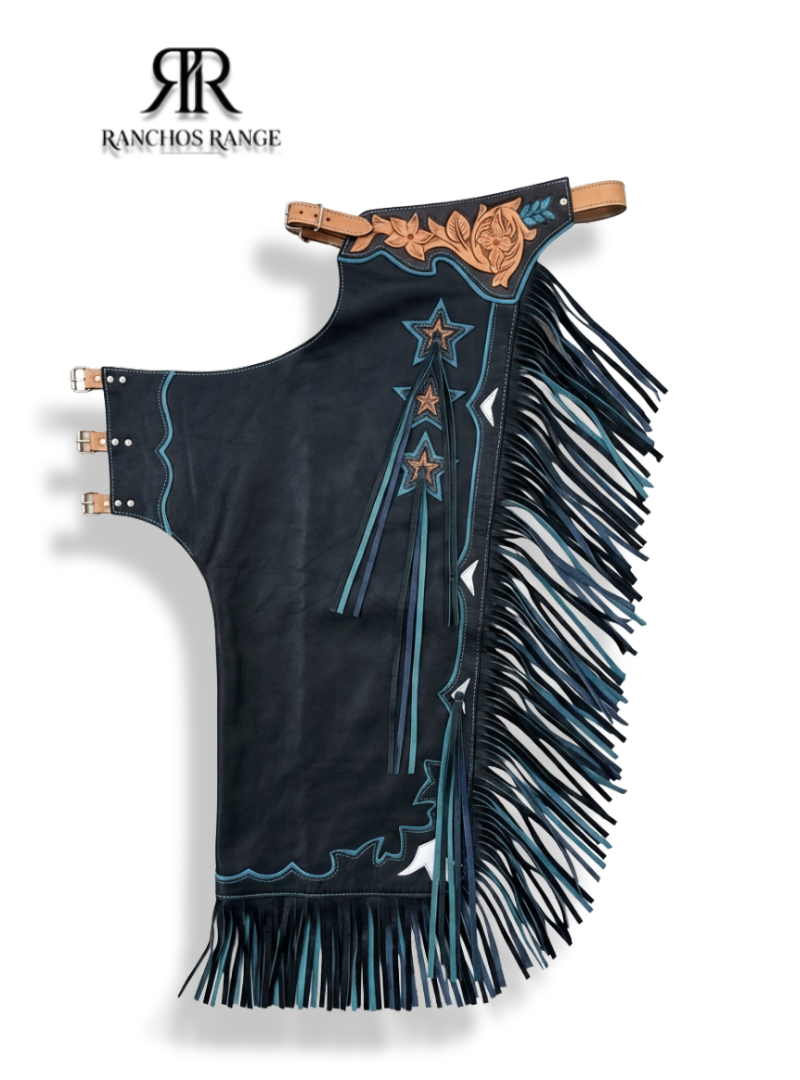 Custom Leather Rodeo Chaps Western Show Chaps with Floral Tooling & Turquoise Stars Fringe Cowboy Chaps, Custom Rodeo Gear, Ranch Riding Chaps