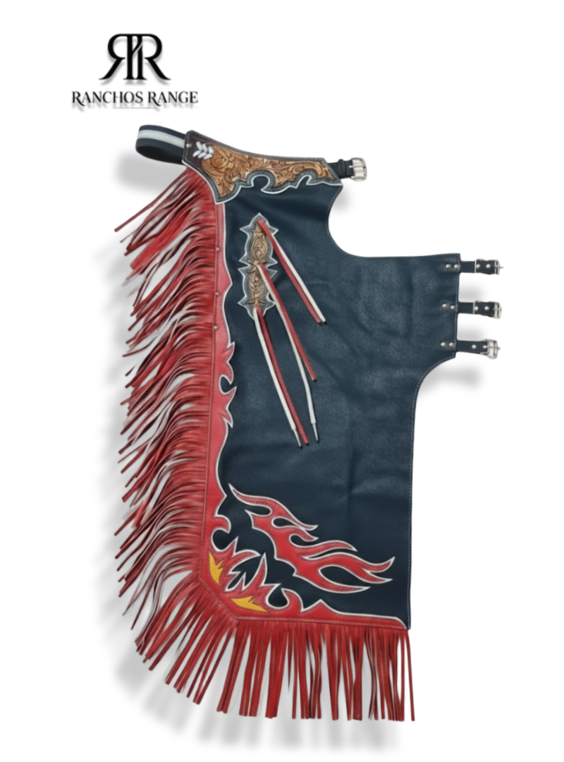 Bull Riding Chaps Leather Rodeo Rodeo Chaps with Tooled Yokes and Red/White Fringe