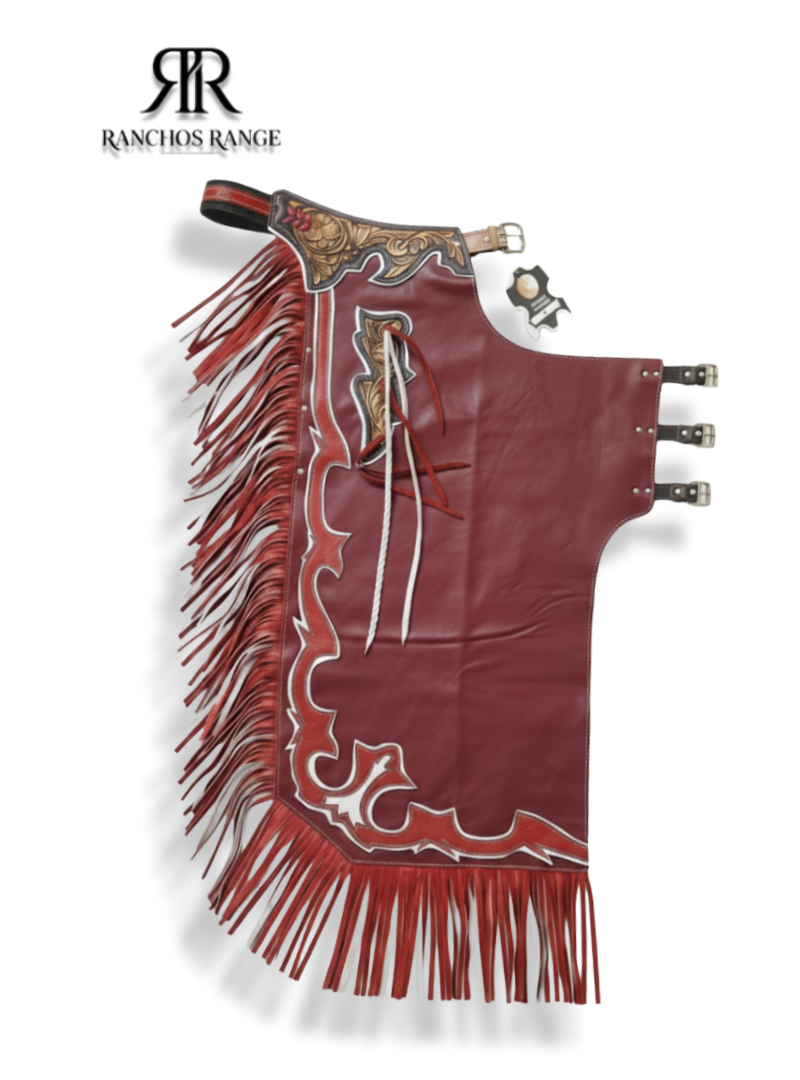 Custom Bull Riding Chaps - Red & White Leather Rodeo Chaps with Western Floral Tooling - Pro Rodeo Gear for Men & Women - Ranchos Range Equestrian