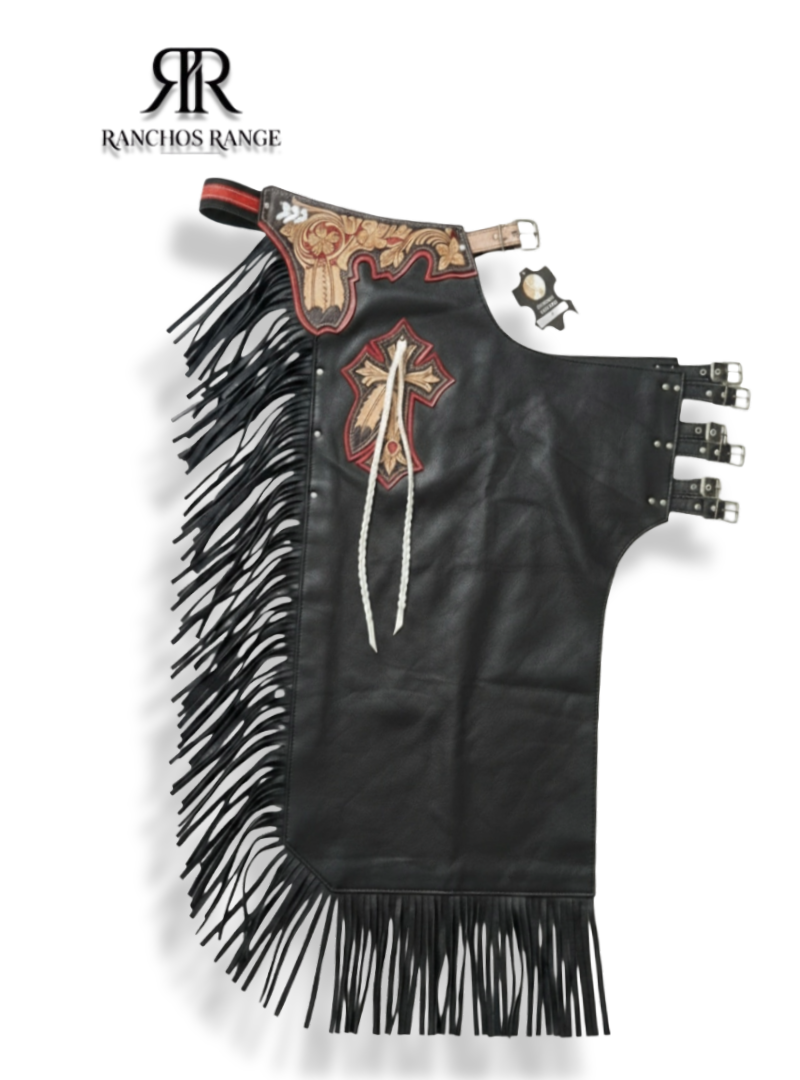 Custom Leather Rodeo Chaps with Tooled Floral Oak Leaf & Cross Inlay - Black Fringed Western Pro Rodeo Chaps - Custom Cowboy Leggings - Ranchos Range