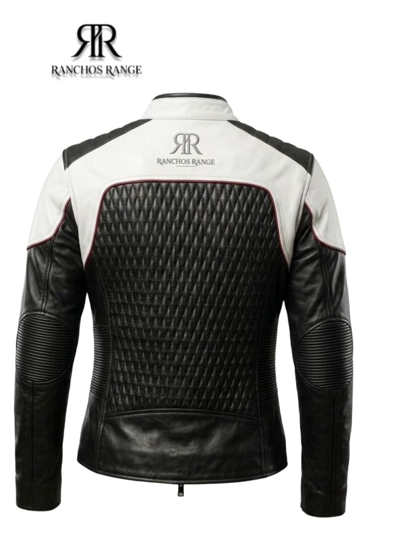 Ranchos Range Women's Leather Biker Jacket - Stylish Black & White Motorcycle Riding Gear - Protective Women's Moto Coat - Cafe Racer Style