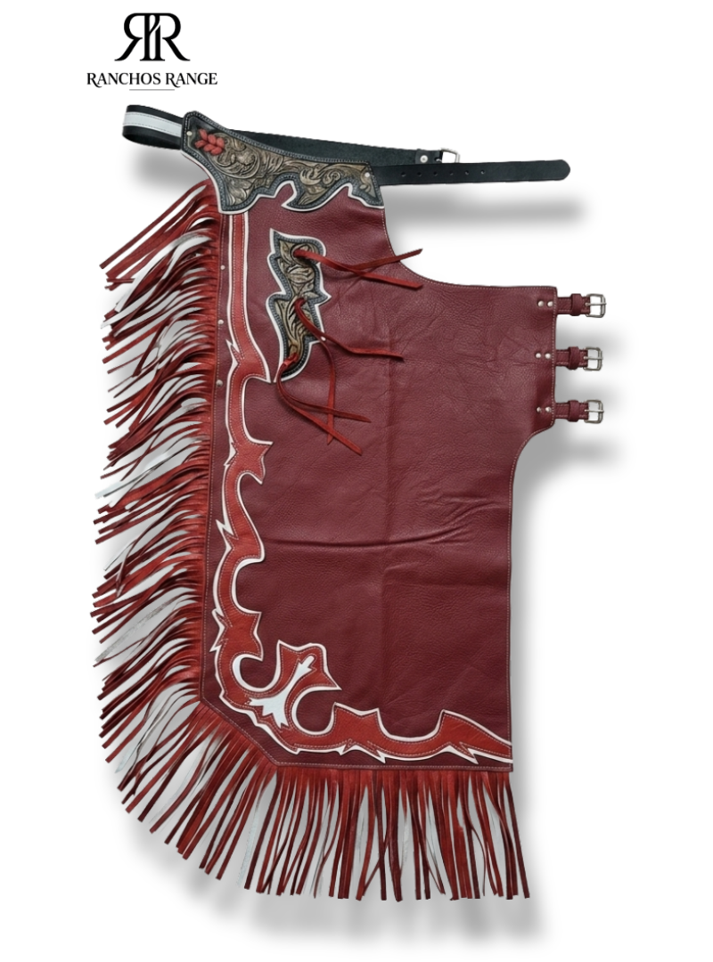"Ranchos Range Maroon Western Show Chaps - Red & White Fringe, Tooling"