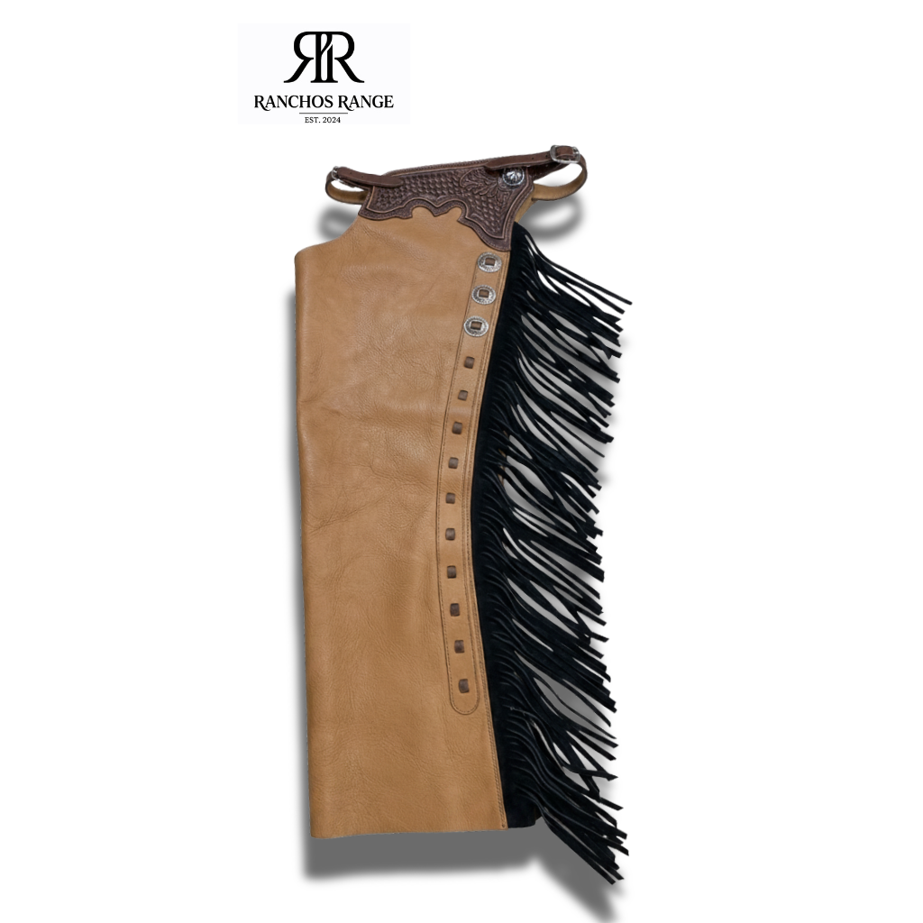 Custom Leather Rodeo Chaps for Bull Riding - Hand-Tooled Floral Yoke Western Chaps - Cowhide Riding Gear with Fringe - Professional Equestrian Chaps