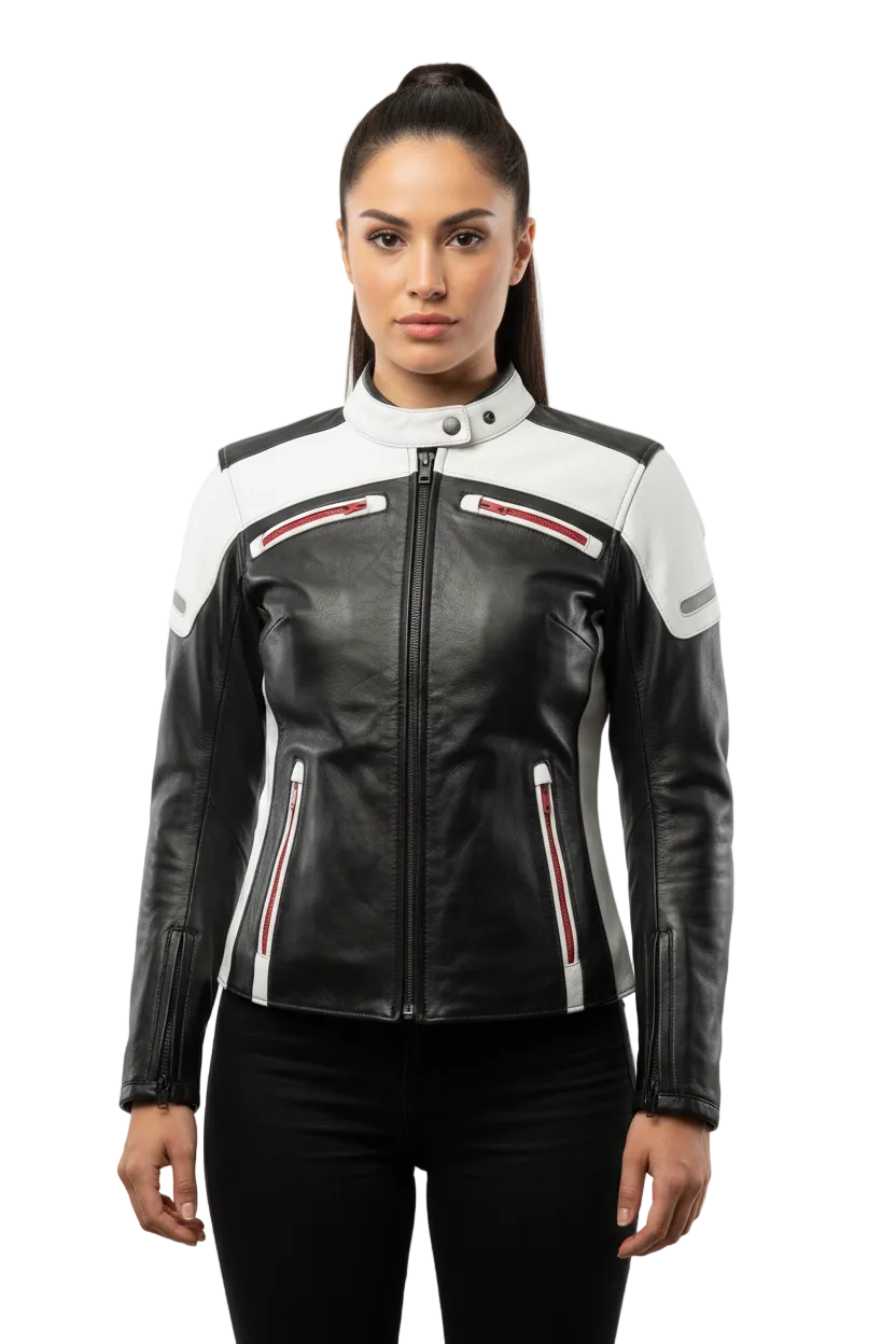 Ranchos Range Women's Leather Biker Jacket - Stylish Black & White Motorcycle Riding Gear - Protective Women's Moto Coat - Cafe Racer Style