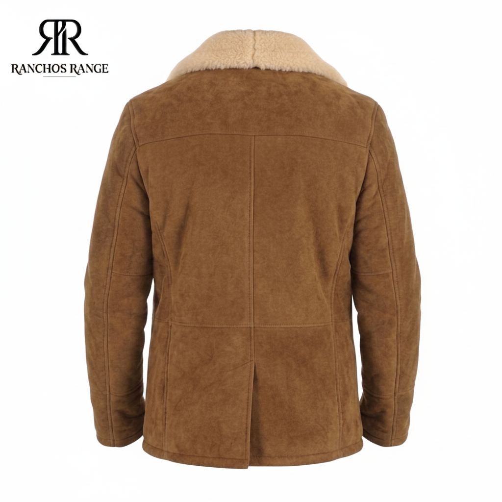 Men's Suede Shearling Coat - Cognac Brown Leather Winter Jacket with Faux Fur Lining - Western Ranch Style Aviator Parka - Gift for Him