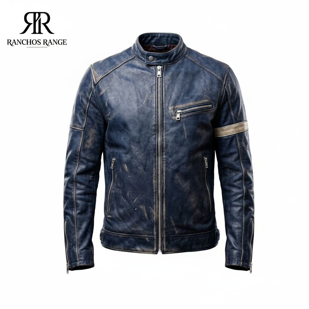 Mens Vintage Blue Leather Motorcycle Jacket - Distressed Retro Biker Cafe Racer Coat - Premium Real Leather Riding Gear