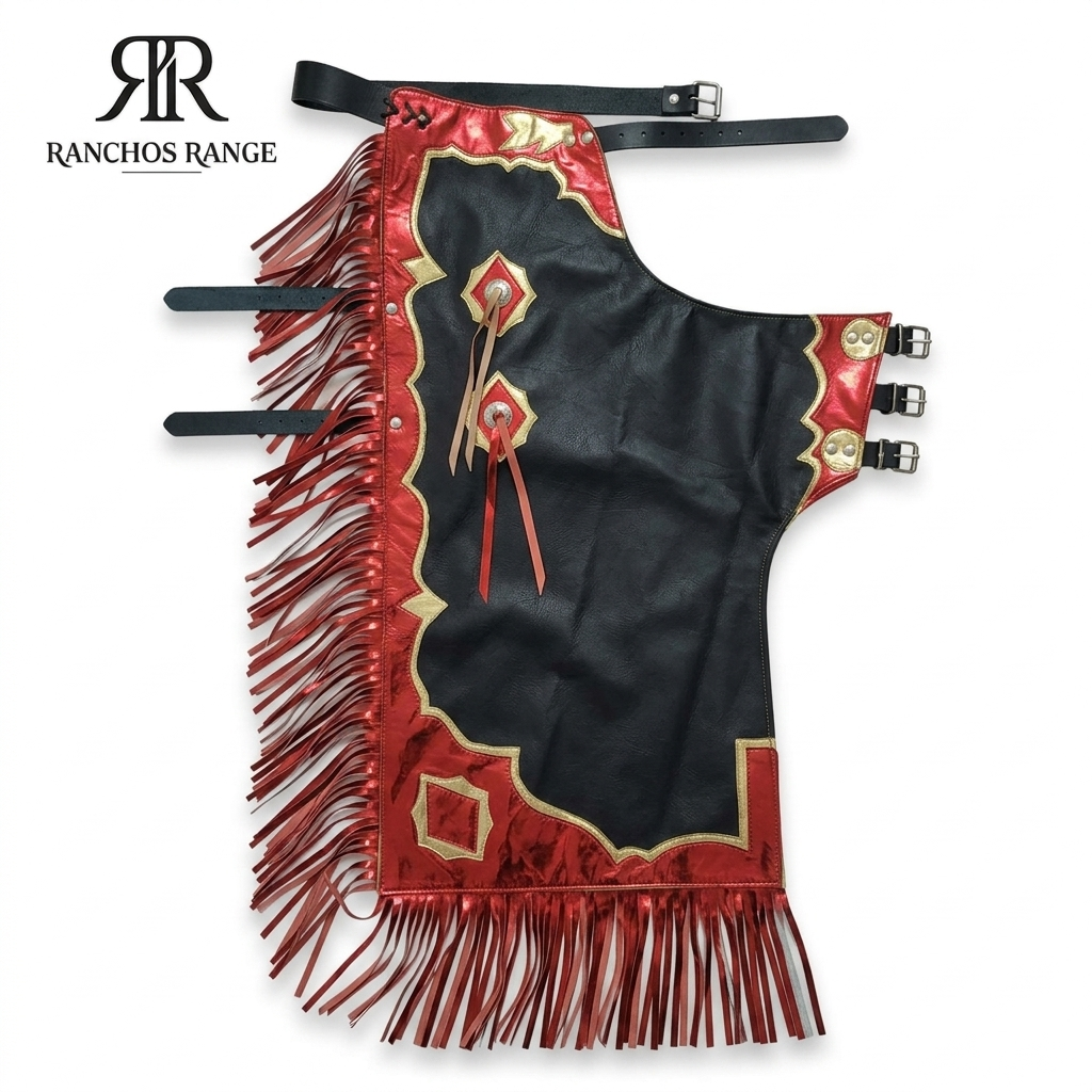 Custom Bull Riding Rodeo Chaps - Metallic Red & Black Leather Chaps - Pro Rodeo Gear - Western Cowhide Show Chaps - Ranchos Range Custom Leather