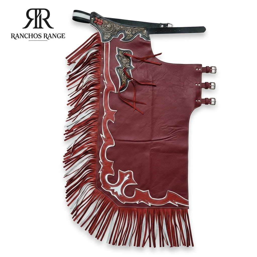 "Ranchos Range Maroon Western Show Chaps - Red & White Fringe, Tooling"