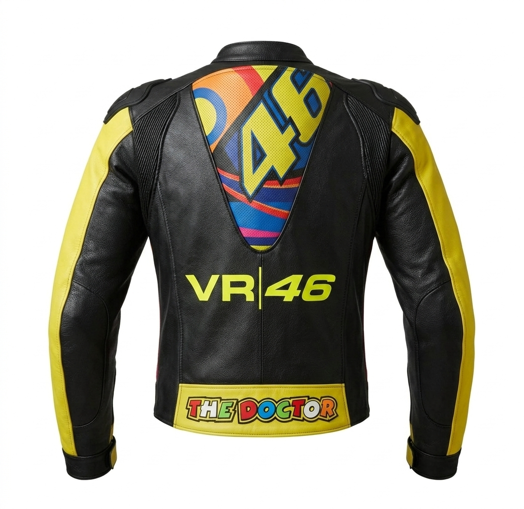 Valentino Rossi VR46 "The Doctor" Leather Motorcycle Jacket - Neon Yellow & Blue MotoGP Racing Biker Gear - CE Armored Cowhide Leather Jacket for Men