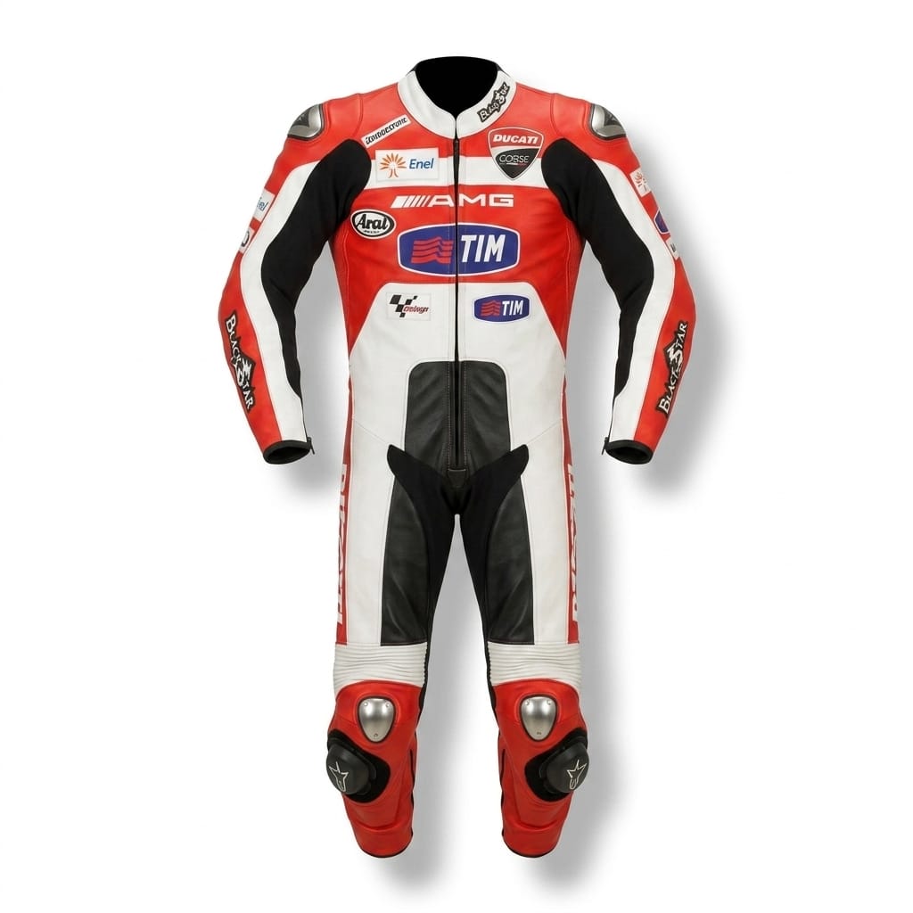 Ducati Corse Style Leather Racing Suit - One Piece Professional Motorbike Track Suit - MotoGP Replica Biker Leathers - CE Armored Racing Gear