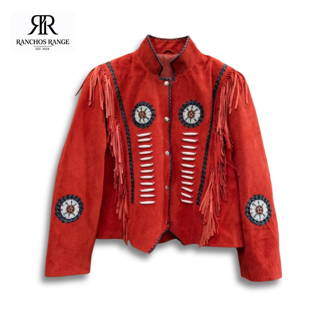 Ranchos Range Red Suede Fringe Jacket - Women’s Beaded Western Cowboy Style