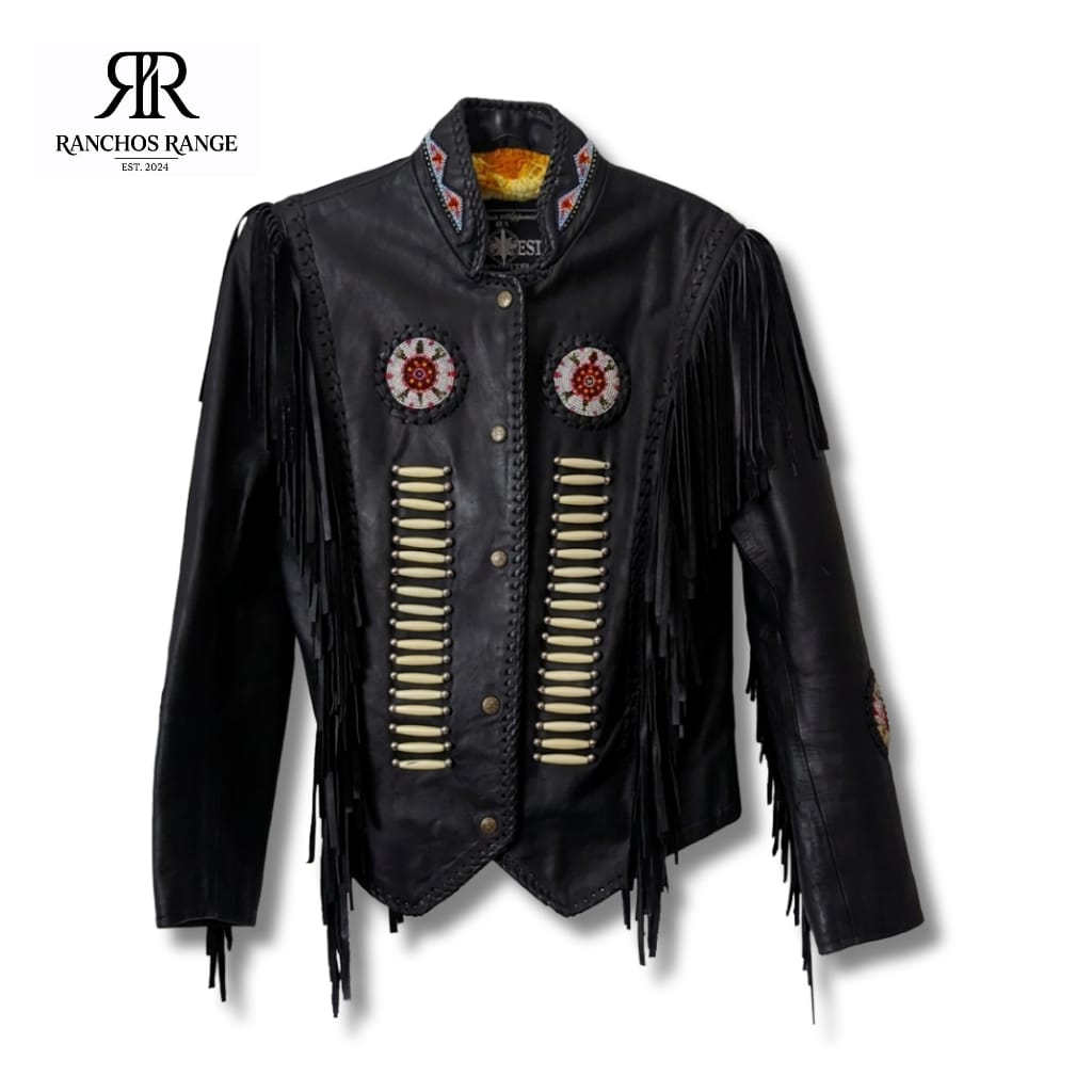 Ranchos Range Men’s Black Leather Western Fringe Jacket - Native American Style with Bone Breastplate & Beadwork