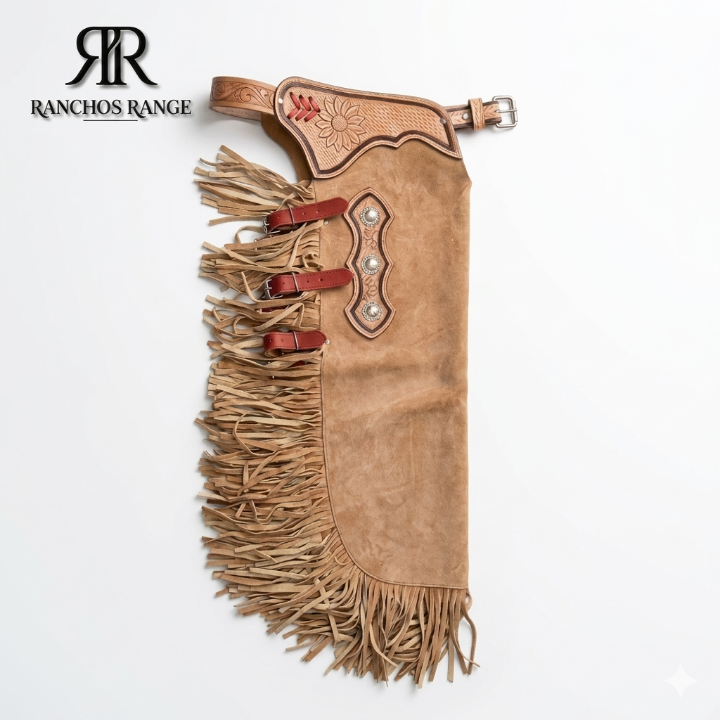 Custom Western Suede Leather Chaps with Floral Tooled Belt | Handmade Cowboy Riding Chinks with Fringe | Personalized Rodeo Gear for Kids & Adults