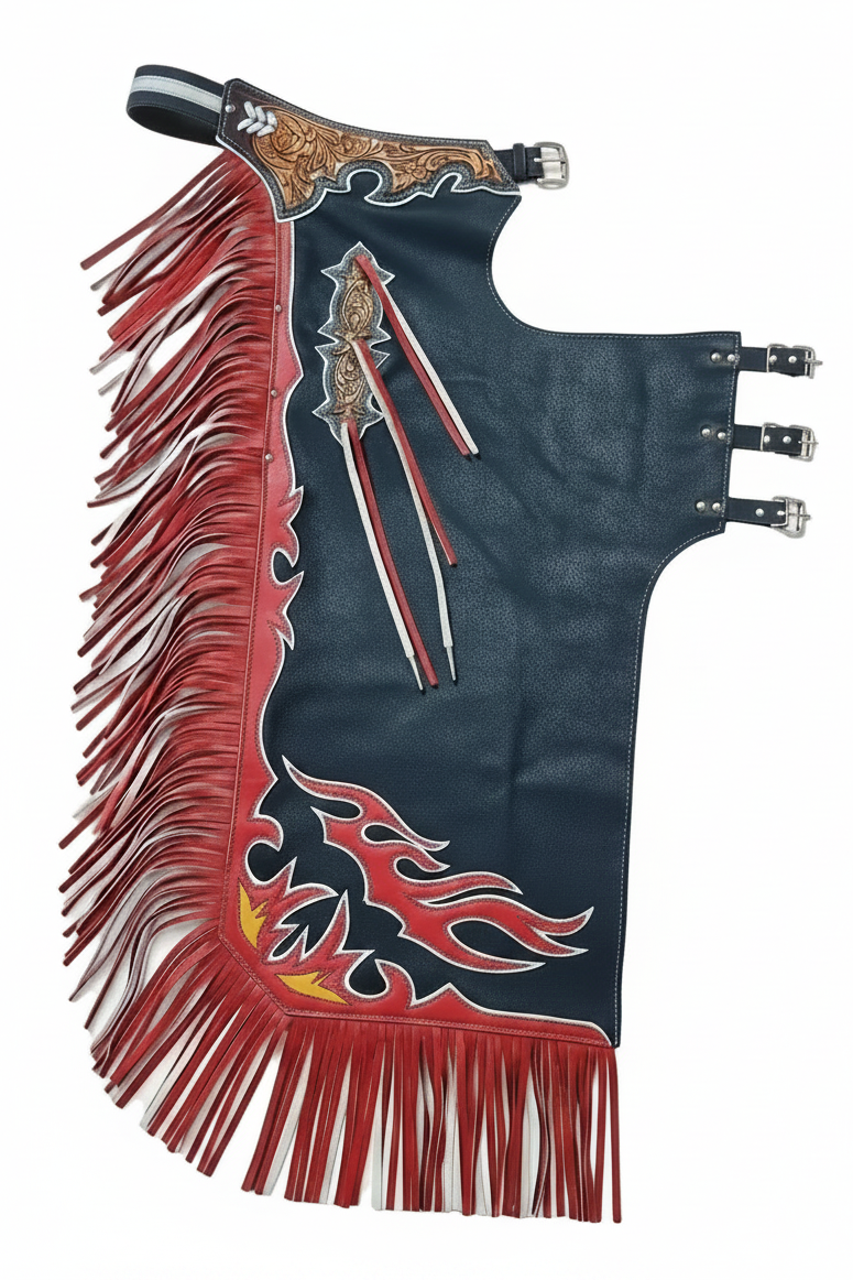 Blue Suede Bull Riding Chaps – Blue & Red Leather Rodeo Rodeo Chaps with Tooled Yokes and Red/White Fringe