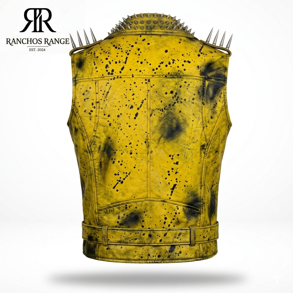 Cyber Punk Distressed Leather Vest - Spiked & Studded Yellow Biker Jacket - Grungy Painted Motorcycle Cut - Custom Refined Revolt Streetwear Waistcoat