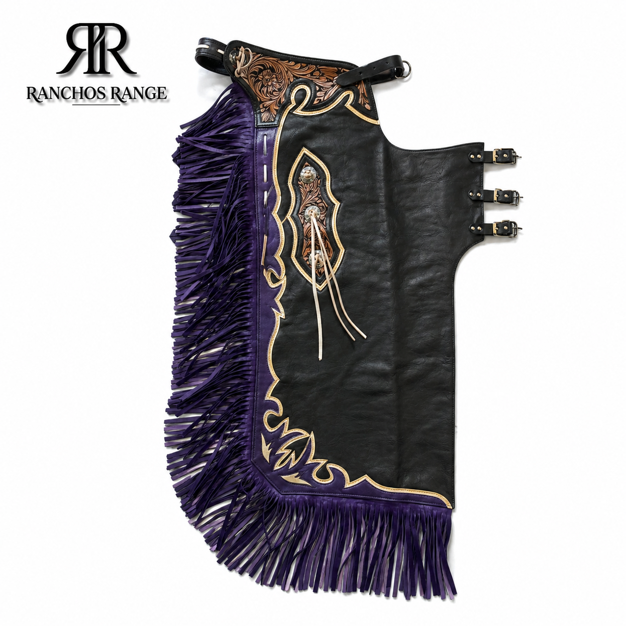 Hand-Tooled Leather Chaps with Purple Fringe – Western Rodeo Gear