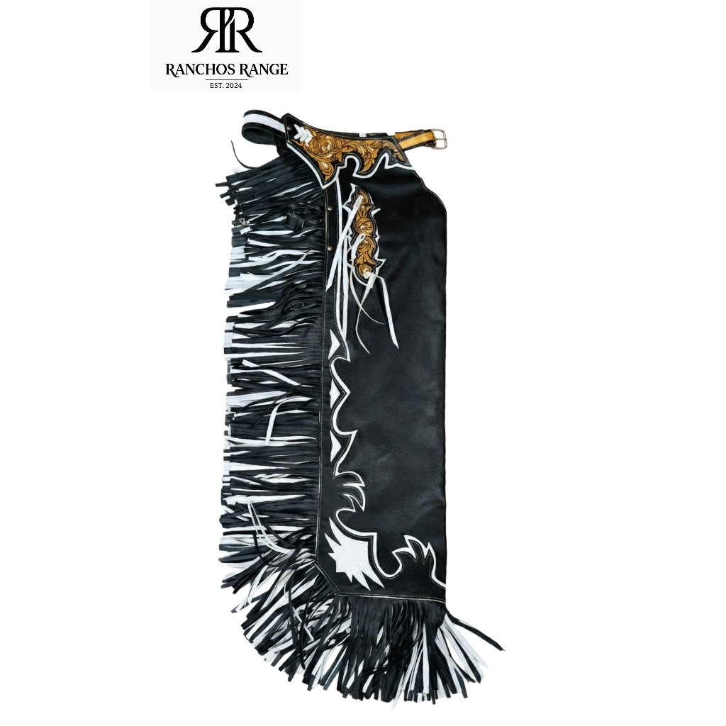 Handcrafted Leather Western Chaps with Detailed Filigree and Contrast Fringe