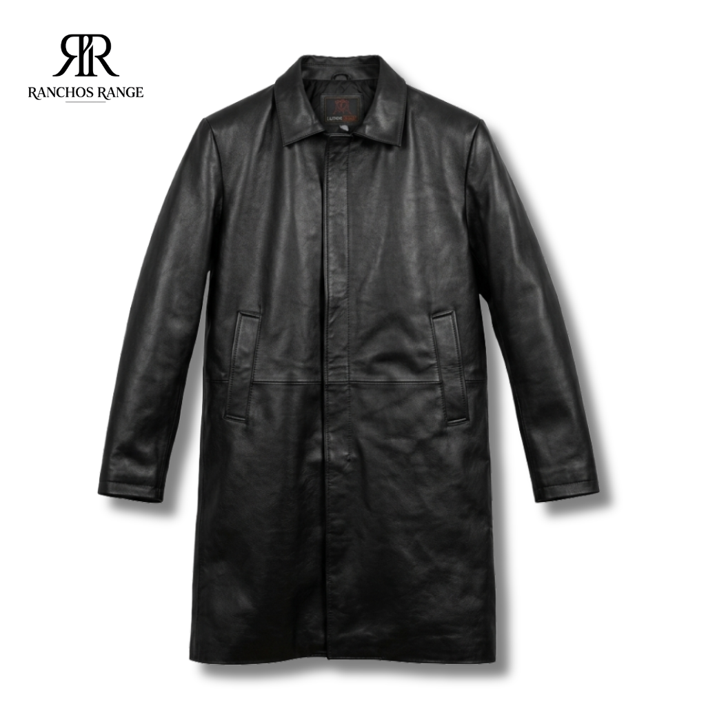 Handmade Black Leather Trench Coat for Men - Genuine Lambskin Long Overcoat - Urban Rancher Duster Jacket - Custom Fit Full Length Leather Coat