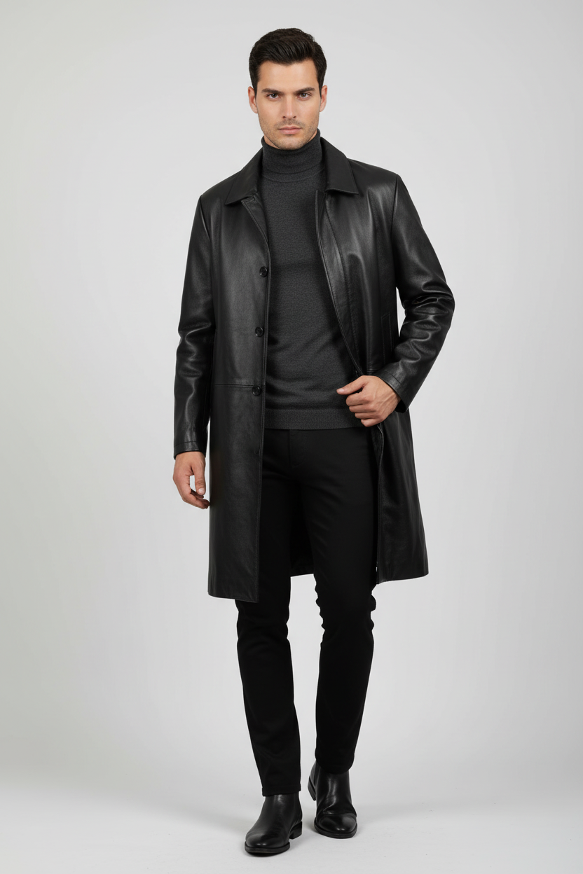Handmade Black Leather Trench Coat for Men - Genuine Lambskin Long Overcoat - Urban Rancher Duster Jacket - Custom Fit Full Length Leather Coat