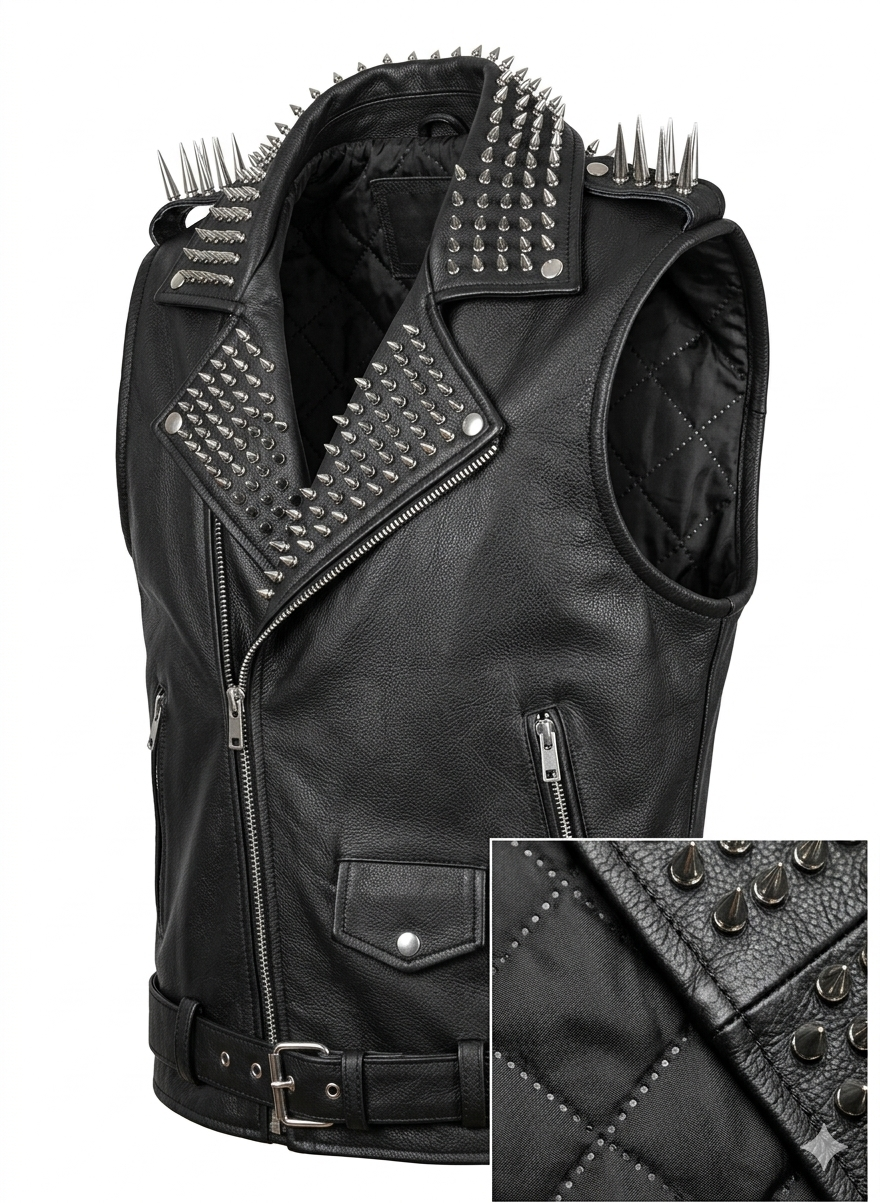 Handmade Men's Spiked Leather Vest - Black Studded Punk Rock Biker Vest - Gothic Heavy Metal Battle Vest - Brando Style Moto Waistcoat