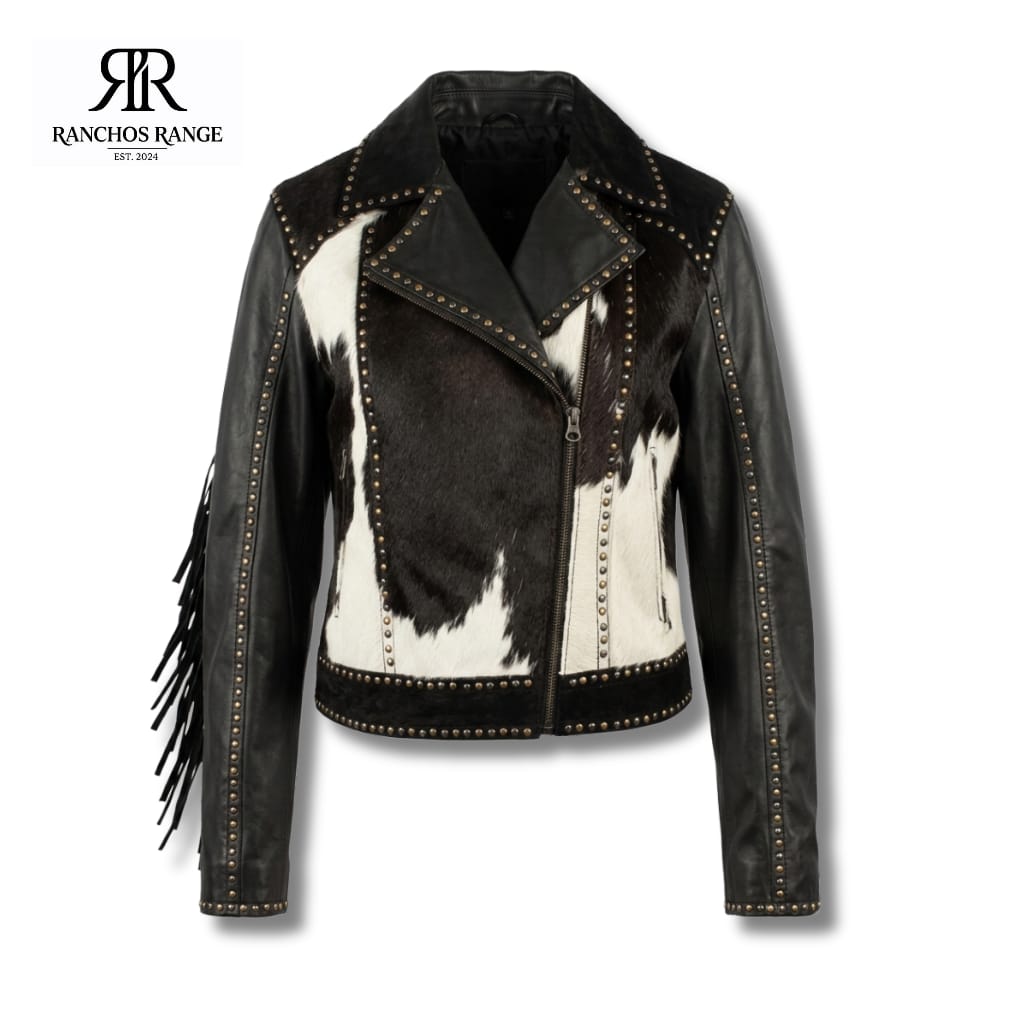 Ranchos Range Cowhide Leather Moto Jacket - Studded & Fringed Western Biker Jacket