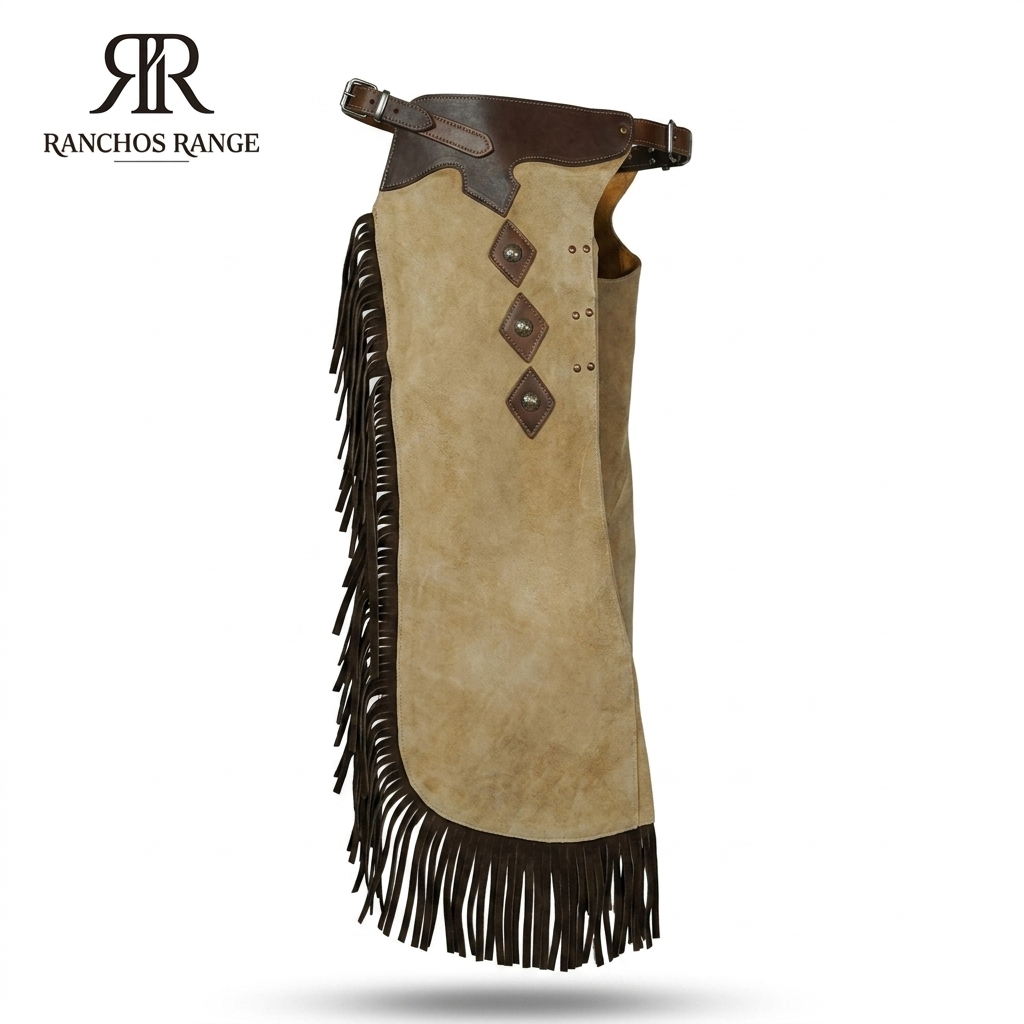 Genuine Suede Leather Rodeo Chaps with Dark Brown Fringe – Western Style Cowboy Chaps for Horse Riding & Ranch Work – Ranchos Range Premium Gear