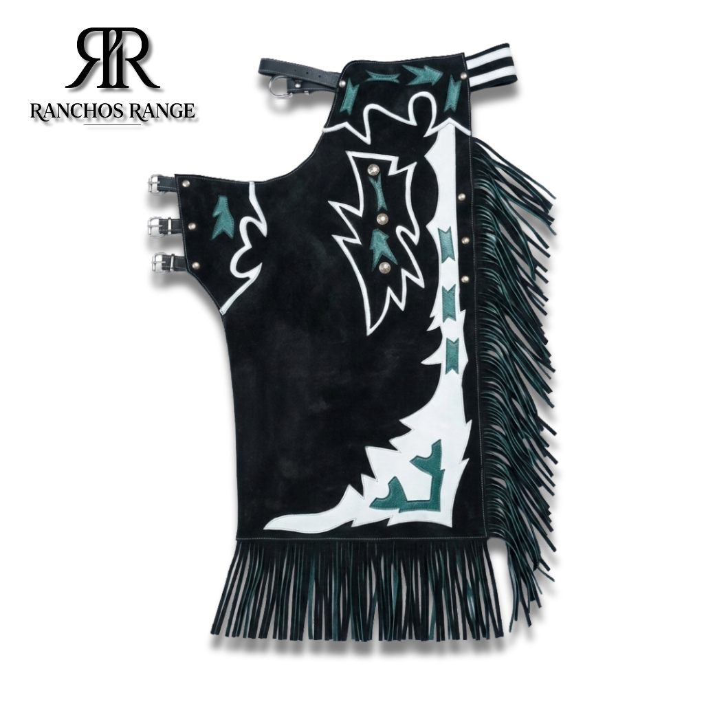 Custom Bull Riding Rodeo Chaps - Black Suede with Teal & White Accents