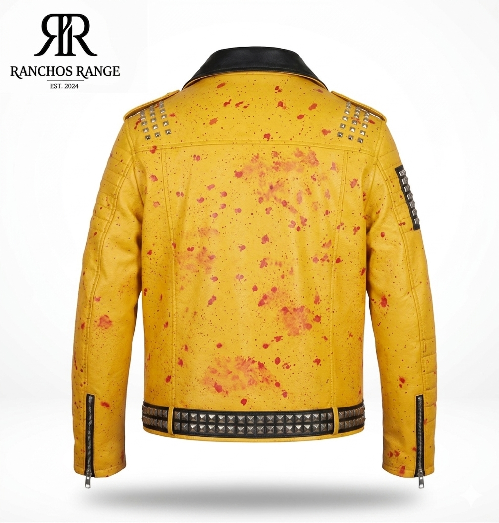 Men's Yellow Distressed Leather Biker Jacket - Blood Splat Punk Style with Studs