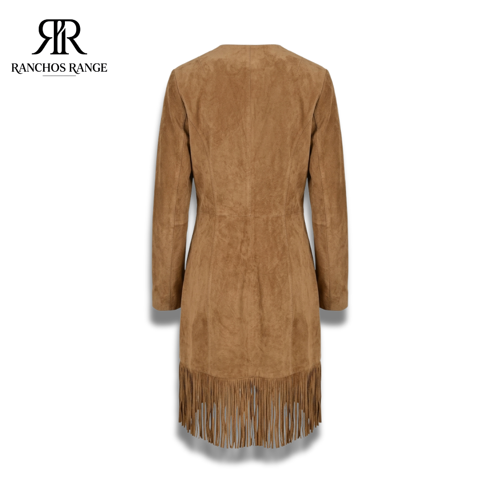 Long Tan Suede Coat with Fringe - Bohemian Tassel Jacket - Western Suede Trench Coat - Hippie Chic Outerwear - Women's Suede Western Party Coat