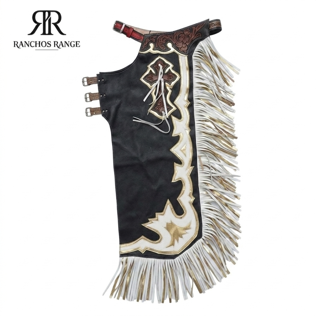 Custom Bull Riding Pro Rodeo Chaps - Black Leather with Gold & White Inlays - Western Show Chaps - Handcrafted Cowboy Gear - Ranchos Range