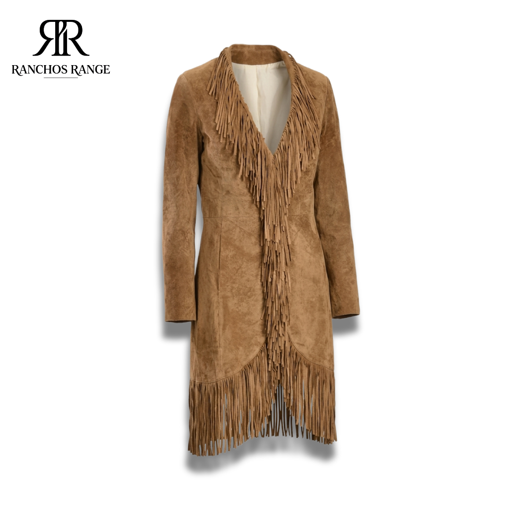 Long Tan Suede Coat with Fringe - Bohemian Tassel Jacket - Western Suede Trench Coat - Hippie Chic Outerwear - Women's Suede Western Party Coat
