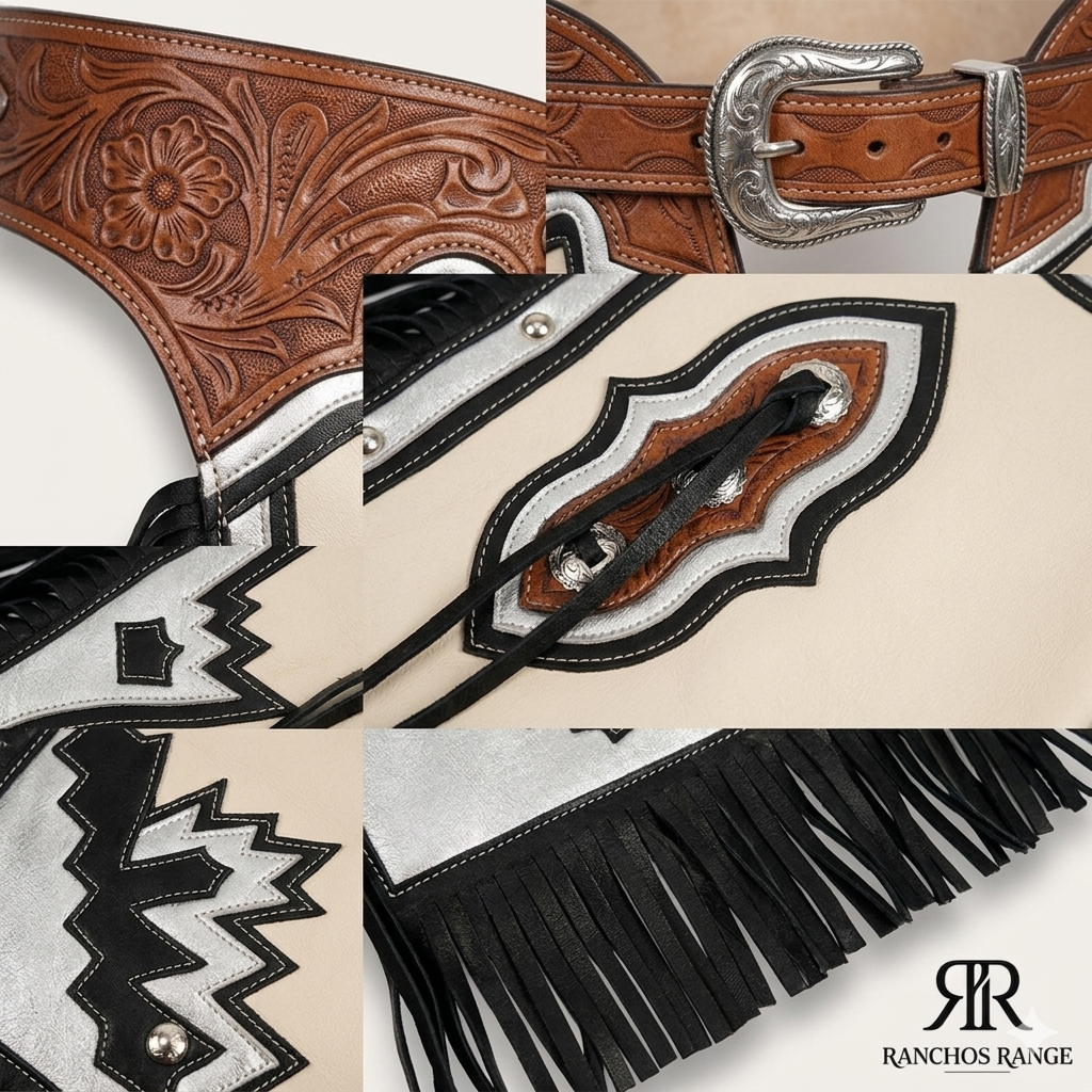 Custom Western Rodeo Chaps – Pro Bull Riding & Equestrian Gear – Cream & Black Leather