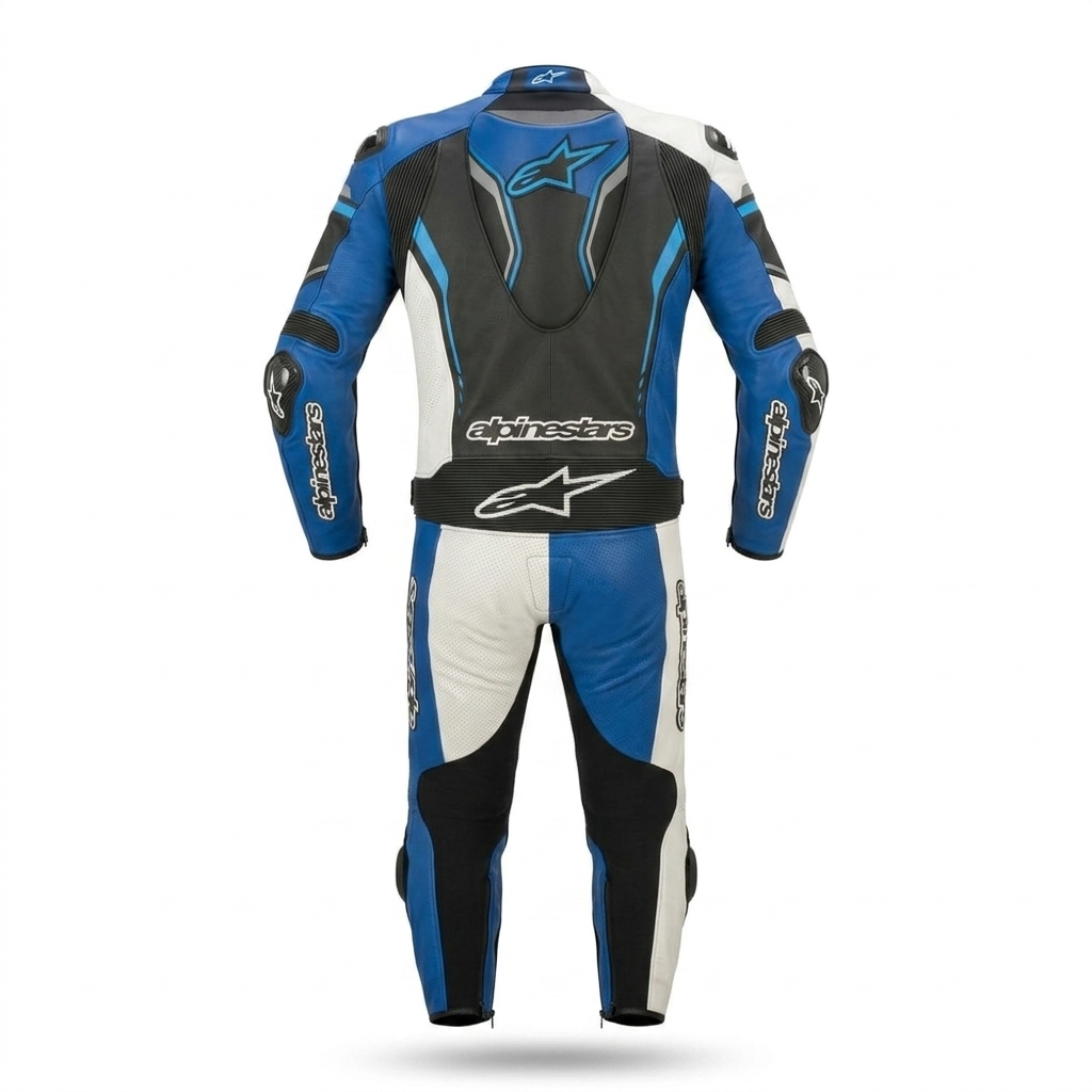 Professional Adult Motorcycle Leather Racing Suit - One Piece Motorbike Track Suit - Men’s Leather Biker Safety Gear - Blue & White Racing Outfit