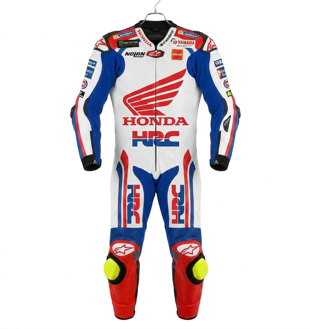 Honda HRC Racing Leather Suit - Custom Motorcycle Biker Protection Gear - Professional CE Armor Riding Outfit - Repsol Team Colors - Full Grain Leather