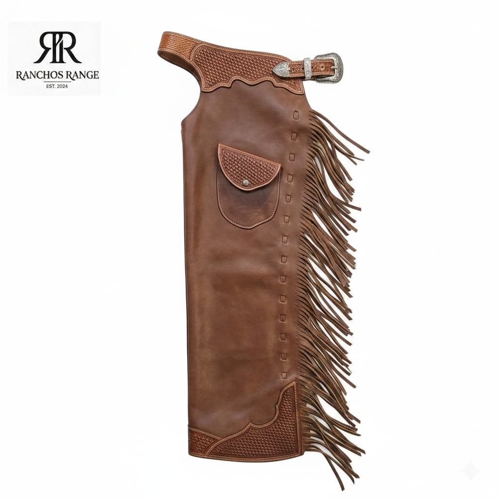 Custom Leather Horse Riding Chaps | Tooled Leather Western Show Chaps with Fringe and Pocket | Genuine Leather Equestrian Gear | Ranchos Range