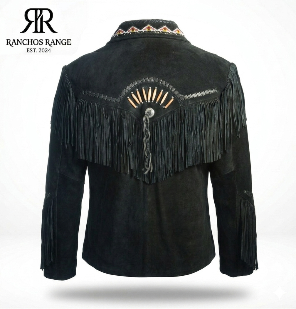 Ranchos Range Men’s Black Suede Western Jacket - Authentic Fringe & Beadwork Cowboy Coat - Traditional Southwestern Suede Outwear