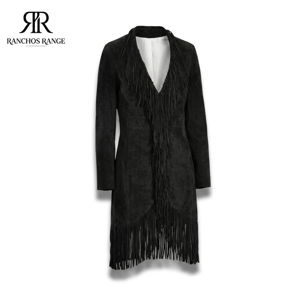Women's Black Suede Fringe Coat – Western Style Genuine Leather Long Jacket with Tassel Hem and Open Front – Boho Cowgirl Fashion