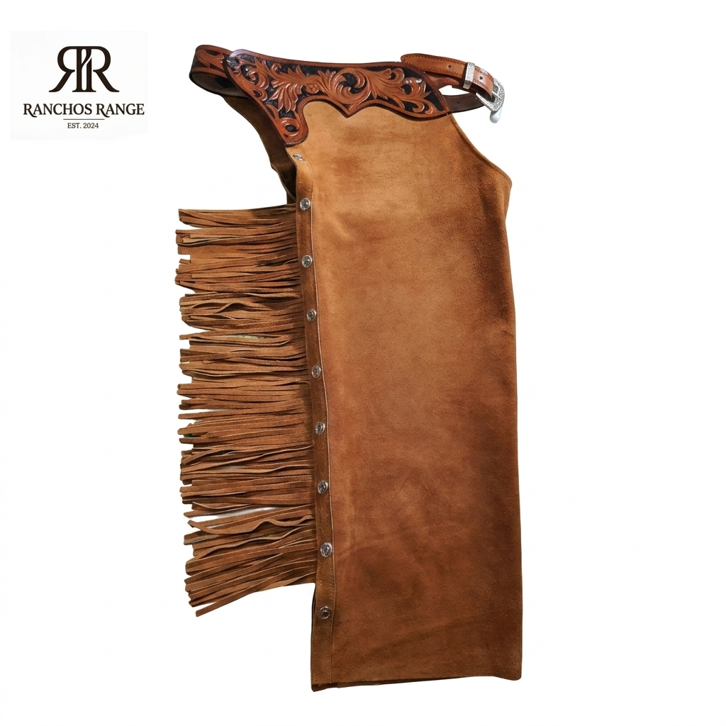 Ladies Western Horse Riding Chaps – Genuine Suede with Hand-Tooled Floral Leather Waistband – Professional Cowgirl Equestrian Apparel – Ranchos Range
