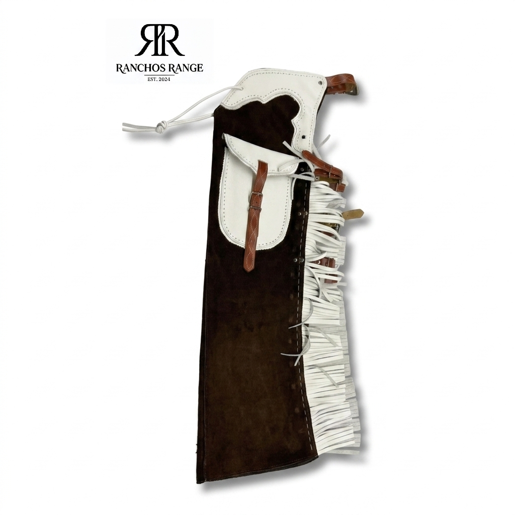 Handcrafted Leather Rodeo Chaps, Brown Suede with White Leather Trim and Fringe, Ranchos Range Professional Gear