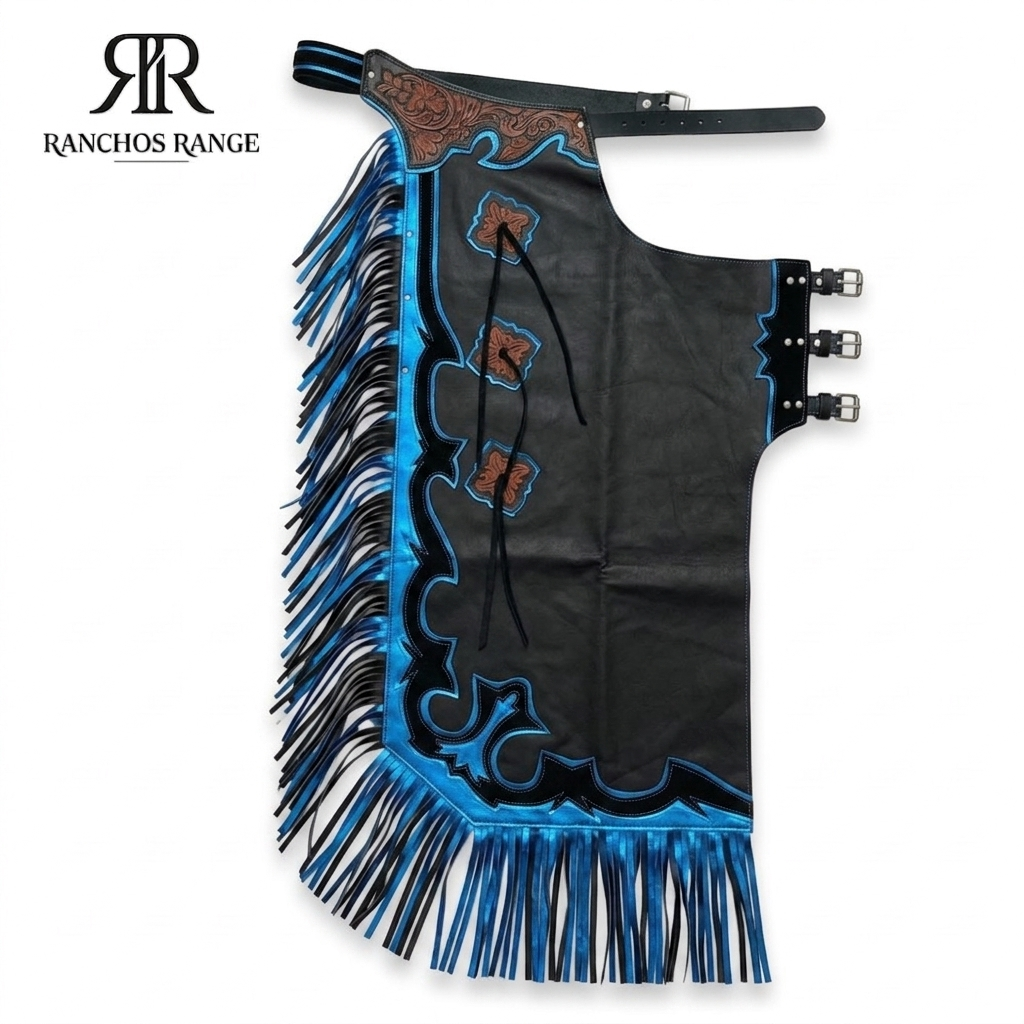 Leather Rodeo Chaps, Professional Batwing Chaps with Metallic Blue Fringe and Tooled Floral Leather, Western Cowboy Gear