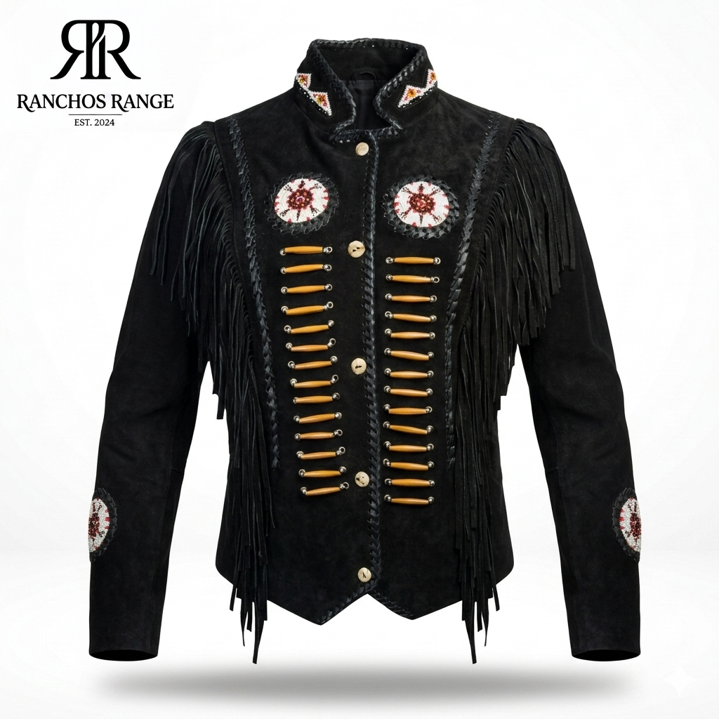 Handmade Black Suede Fringe Jacket for Women | Western Cowboy Beaded Leather Coat | Native Inspired Boho Festival Wear | Vintage Rodeo Style